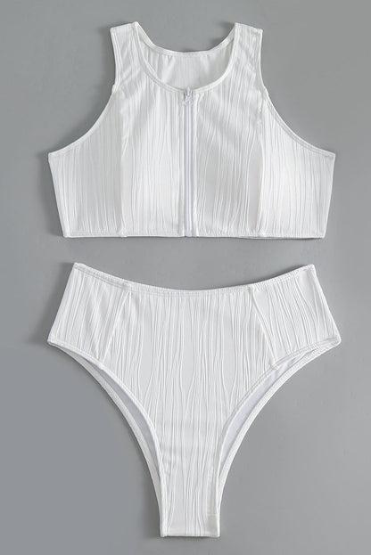 Zippered White Textured Racerback High Waisted Bikini Set