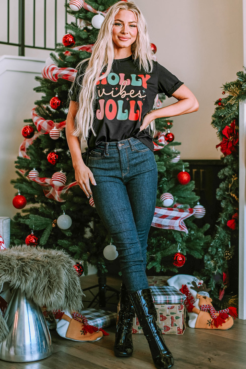 Black HOLLY JOLLY Vibes Christmas Crew Neck T Shirt