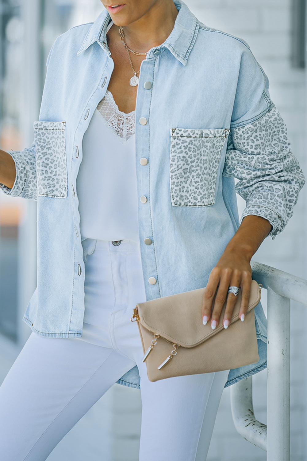 Sky Blue Contrast Leopard Denim Jacket