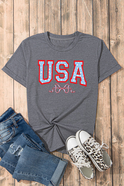 Gray USA Star Bow Knot Print Crew Neck T Shirt