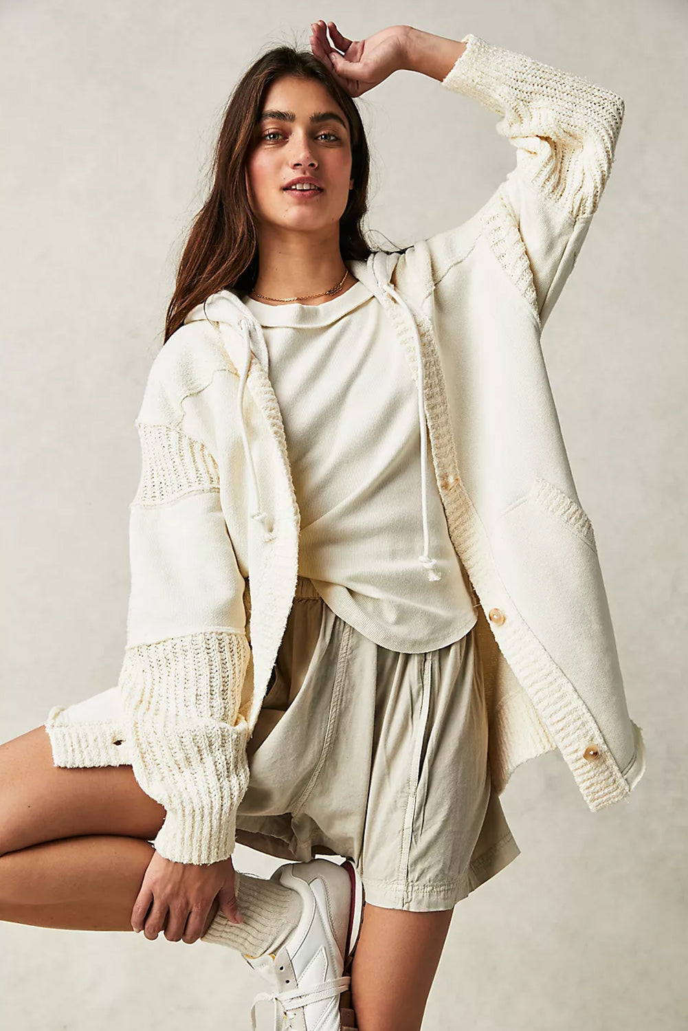 Beige Contrast Knit Patchwork Hooded Functional Coat