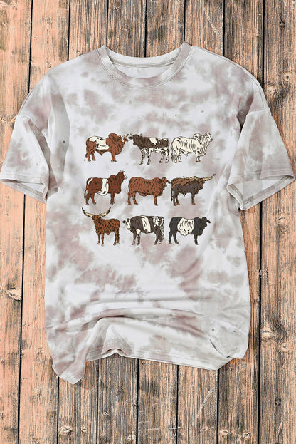 White Western Cattle Tie Dye Print O Neck Oversized Tee