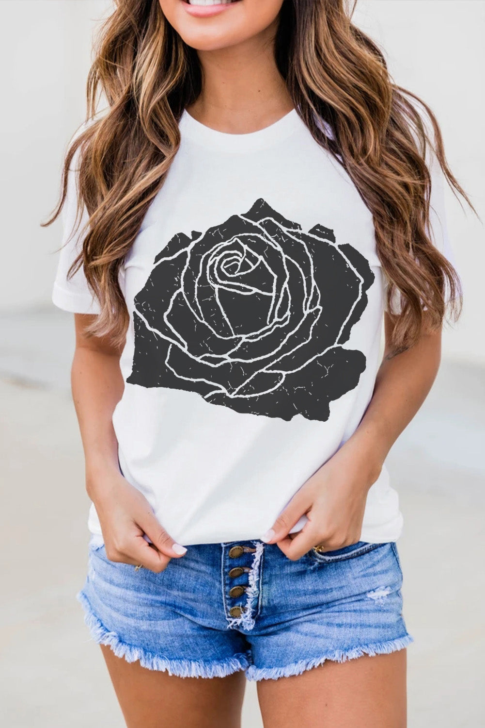 White Large Rose Print Round Neck T Shirt