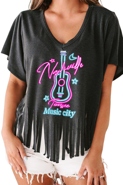 Black Nashville Forever V Neck Fringed T-Shirts