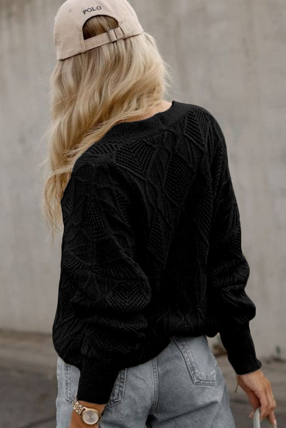 Black Plus Size Knitted Hollow out Button up Cardigan