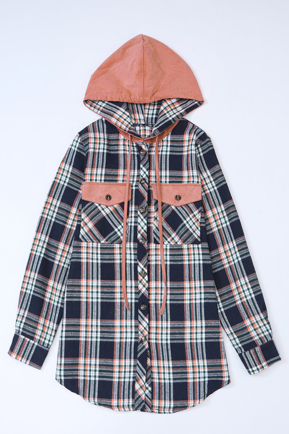 Pink Contrast Hooded Drawstring Plaid Shacket