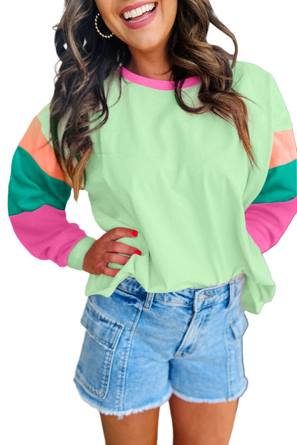 Green Colorblock Patchwork Long Sleeve Loose Top