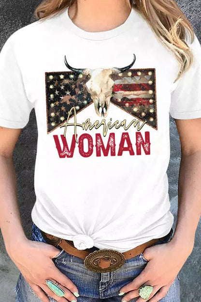 American Woman Bull Skull Print White Graphic Tee