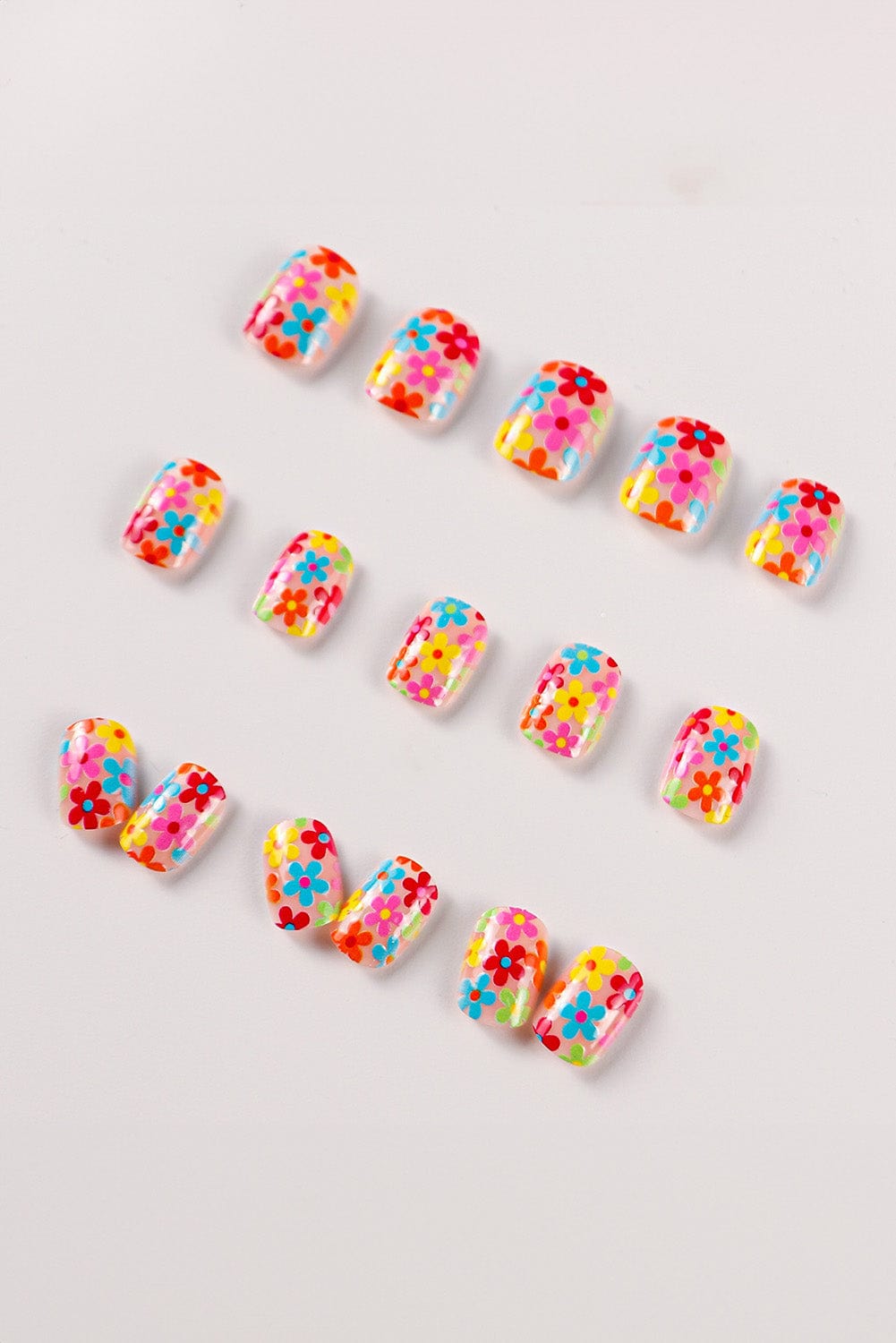 24-Piece Pink Floral Print Press-On False Nails with Cute Flowers