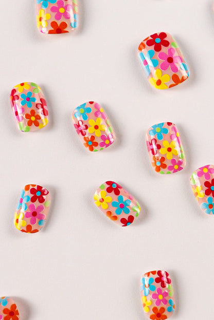 24-Piece Pink Floral Print Press-On False Nails with Cute Flowers