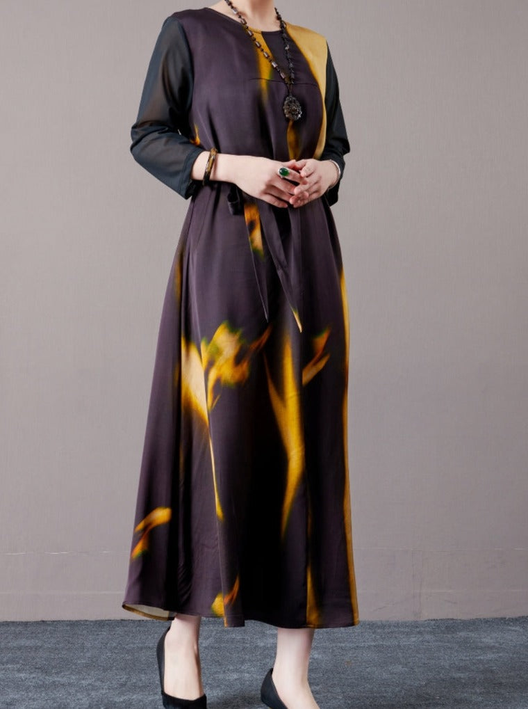 Abstract Print Long Sleeve Maxi Dress