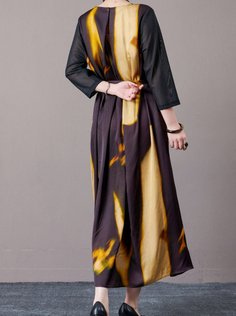 Abstract Print Long Sleeve Maxi Dress