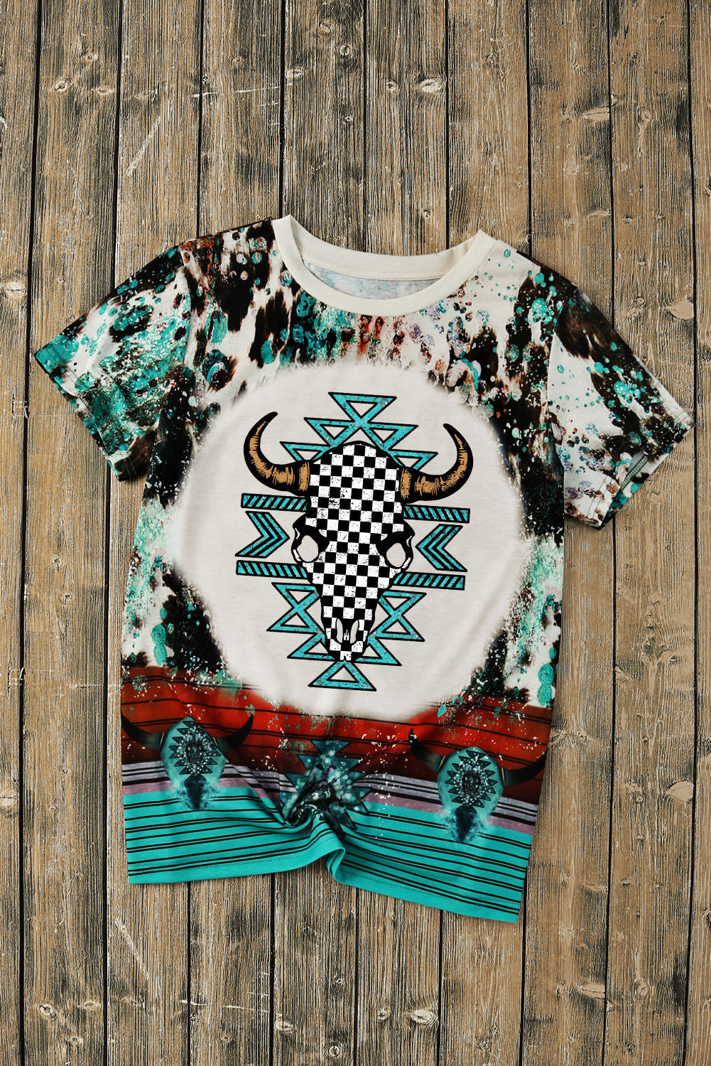 Green Western Checkered Steer Head Bleached T-Shirts