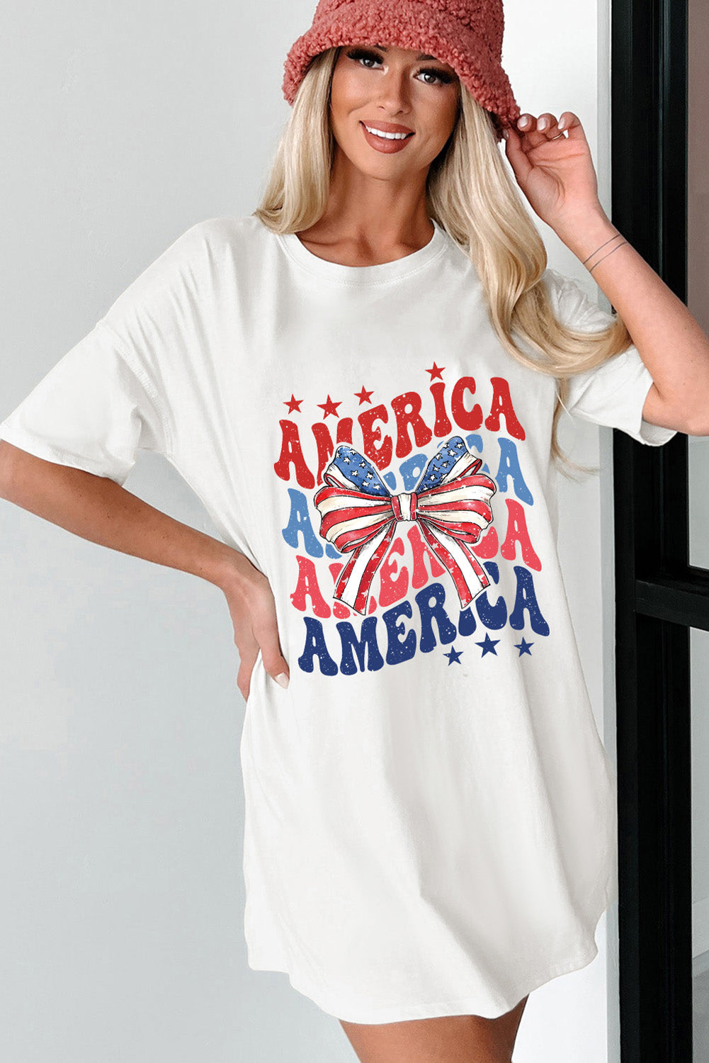 AMERICA's Independence Day Graphic Tee with Star and Stripe Bow Detail