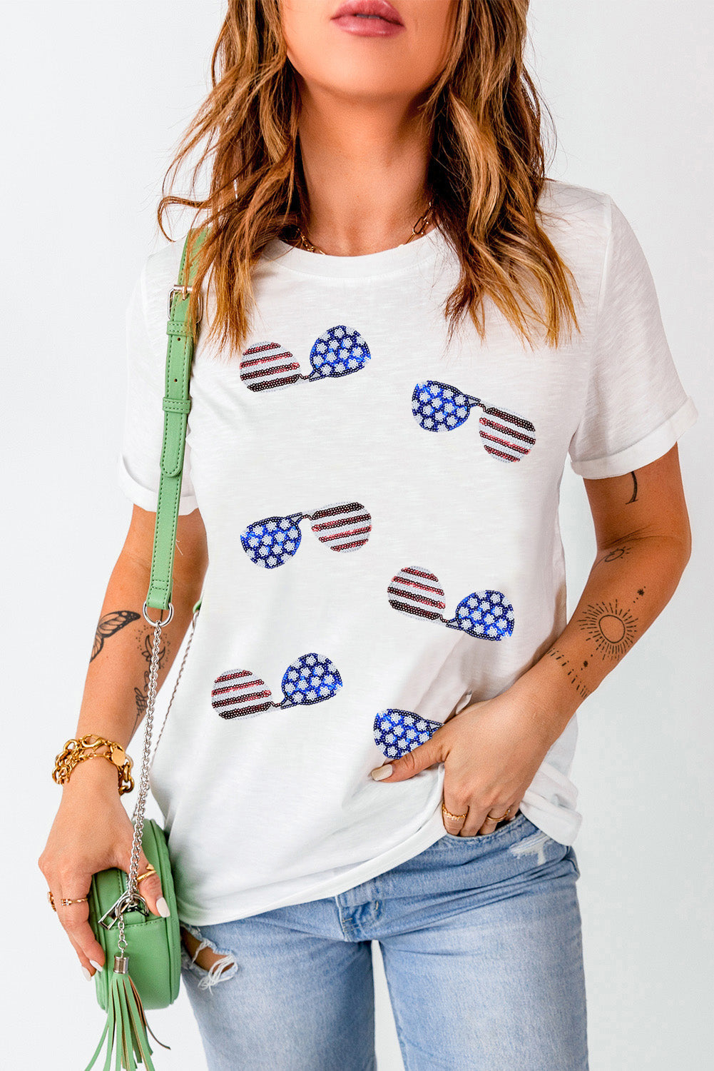 American Flag Sunglasses Sparkle Striped Tee