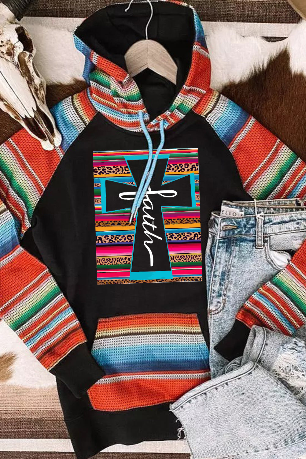 Multicolor Faith Western Serape Striped Patchwork Loose Hoodie