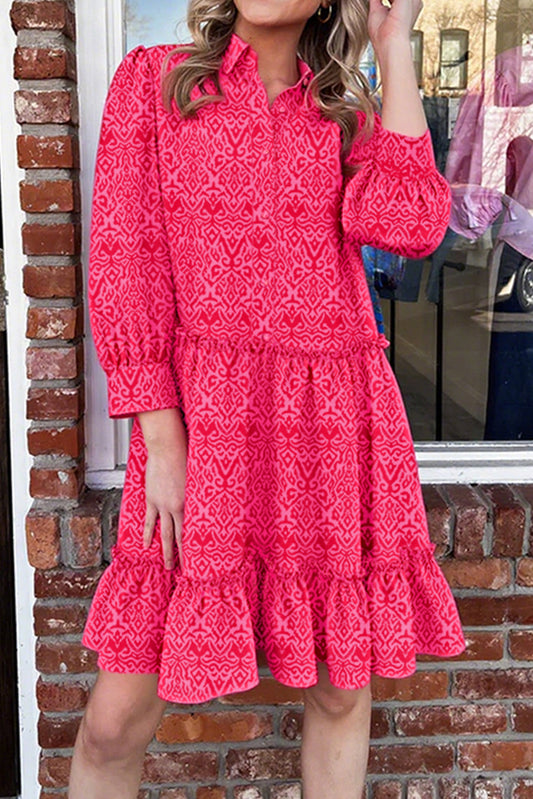 Pink Bohemian Print Shirt Collar Long Sleeve Frilled Ruffle Hem Mini Dress