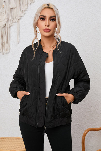 Black Solid Color Quilted Zip Up Puffer Jacket