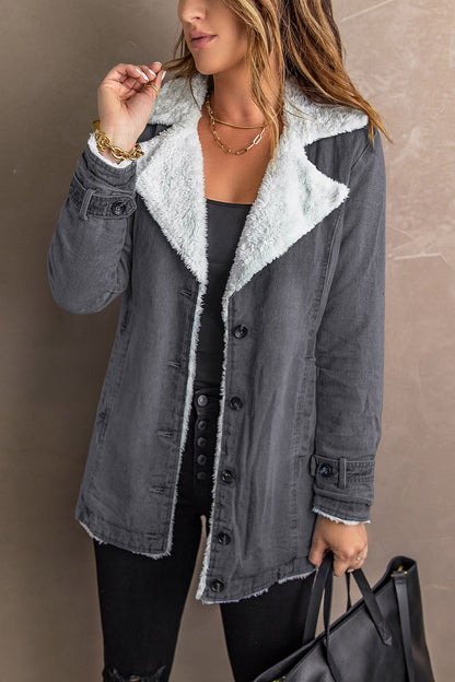 Gray Lapel Collar Button Fleece Jacket