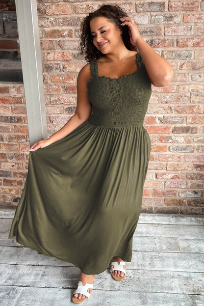 Amazon Rainforest Green Ruched Bodice Sleeveless Plus Size Full-Length Dress