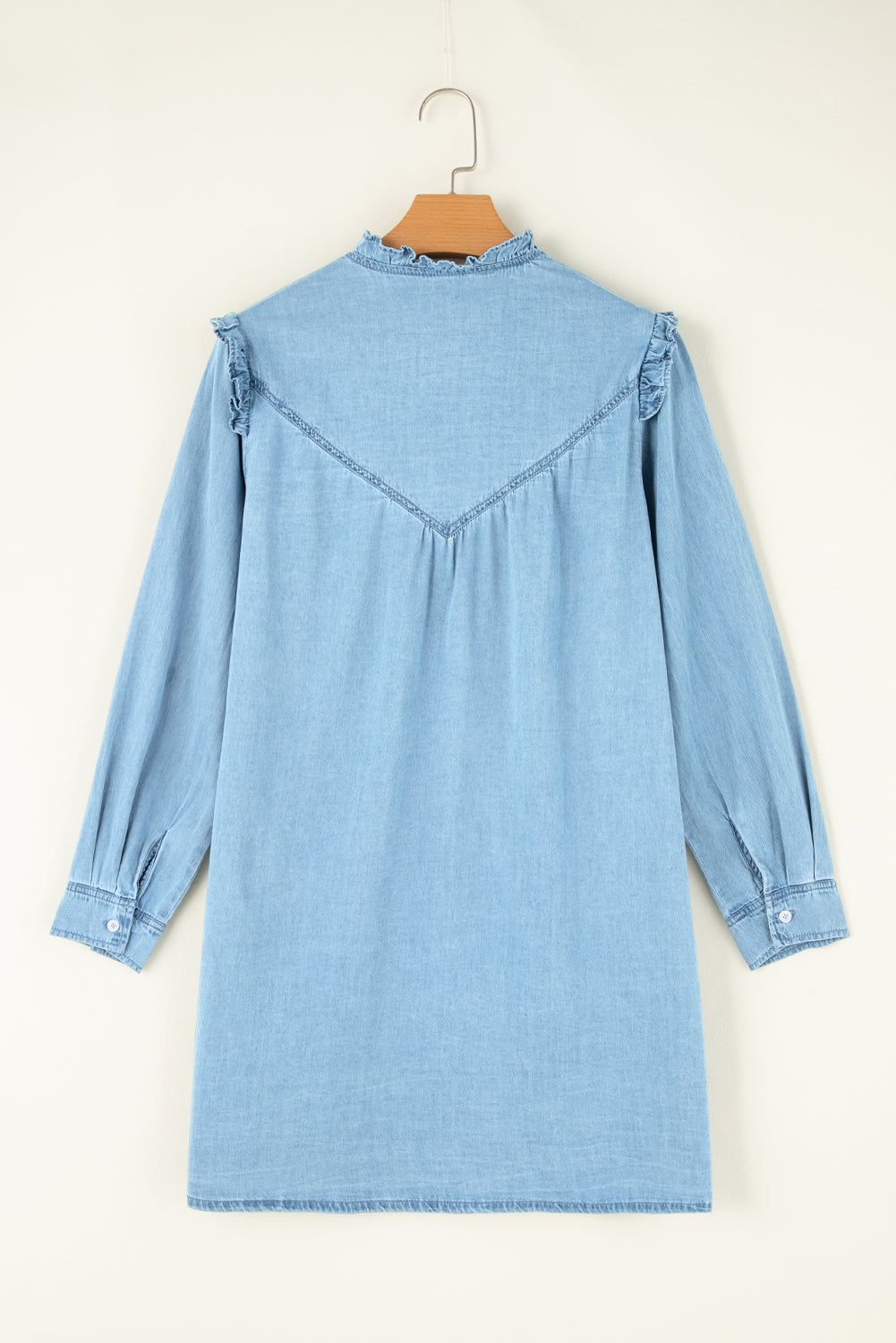 Myosotis Ruffled V Neck Buttoned Shift Denim Dress