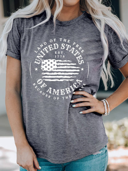 American Flag Print Gray Graphic Tee - Patriotic Short Sleeve T-Shirt