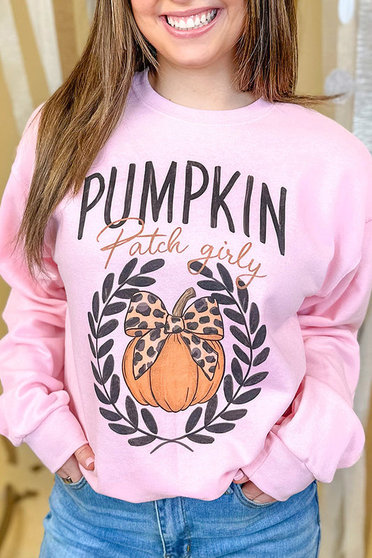 Pink Leopard Bowknot Pumpkin Graphic Halloween Sweatshirt