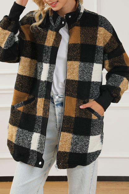 Black Zipper Side Pockets Plaid Overcoat