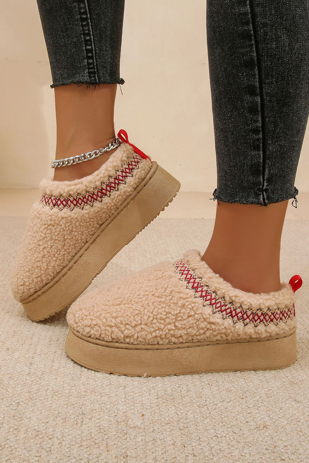 Oatmeal Embroidered Sherpa Plush Thick Sole Snow Boots
