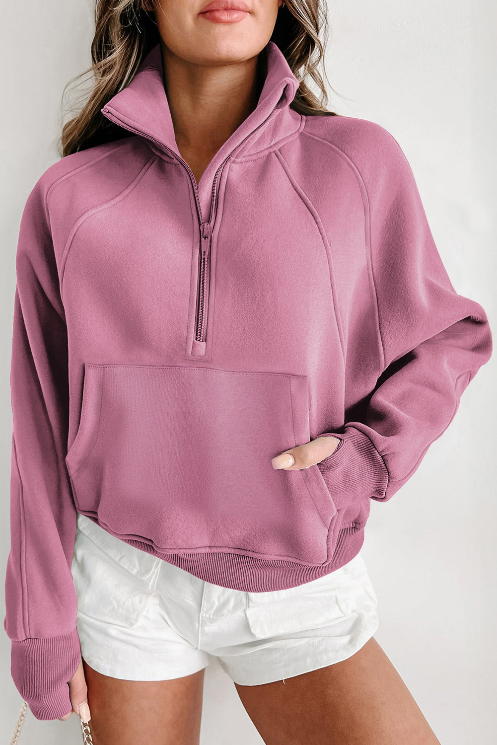 Phalaenopsis Fleece Lined Zip Up Stand Collar Thumbhole Sleeve Sweatshirt