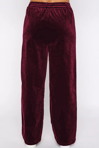 Burgundy Solid Drawstring Waist Wide Leg Pants