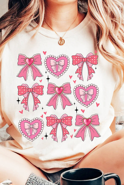 White Sweet Bow Heart Shaped Print Crew Neck Casual Tee