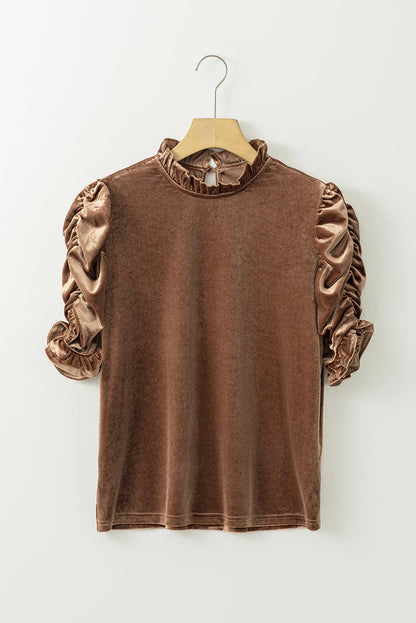 Camel Ruffled Arm Velvet Top