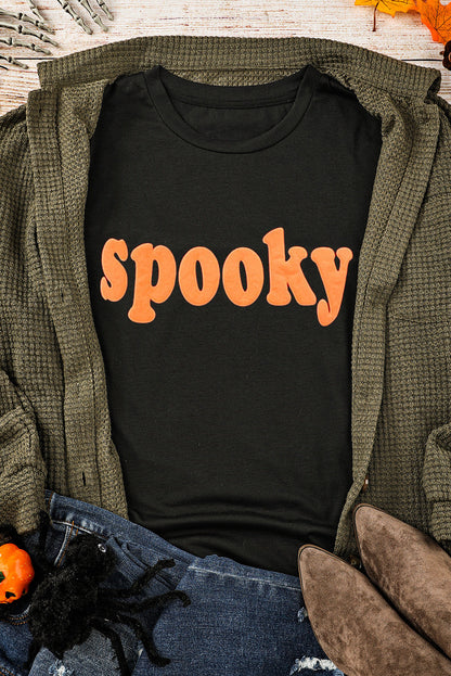 Black Halloween Spooky Crew Neck Casual T-Shirts