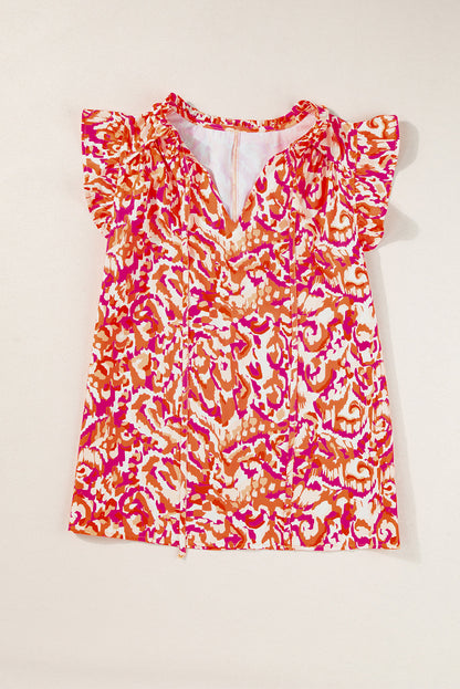 Orange Abstract Print Ruffled Trim Tied Split Neck Tank Top