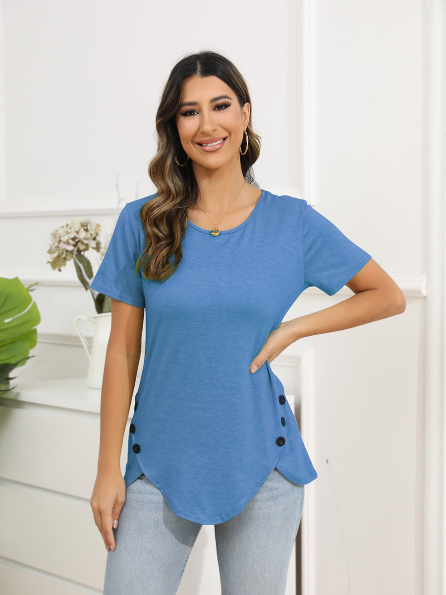 T-Shirts - Irregular Button Short Sleeve Round Neck T-Shirt - MsDressly