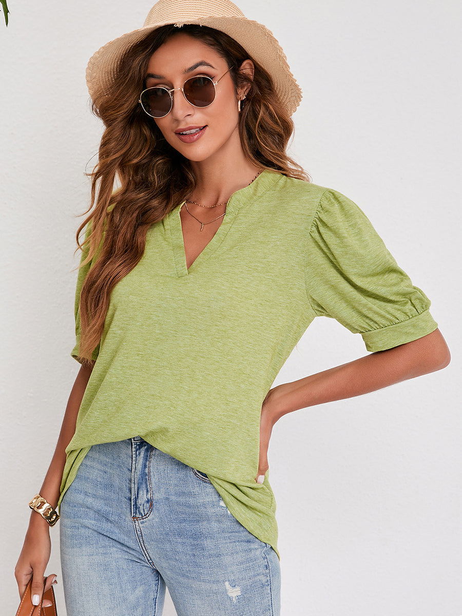 T-Shirts - V-Neck Solid Color Puff Sleeve Loose T-Shirt - MsDressly