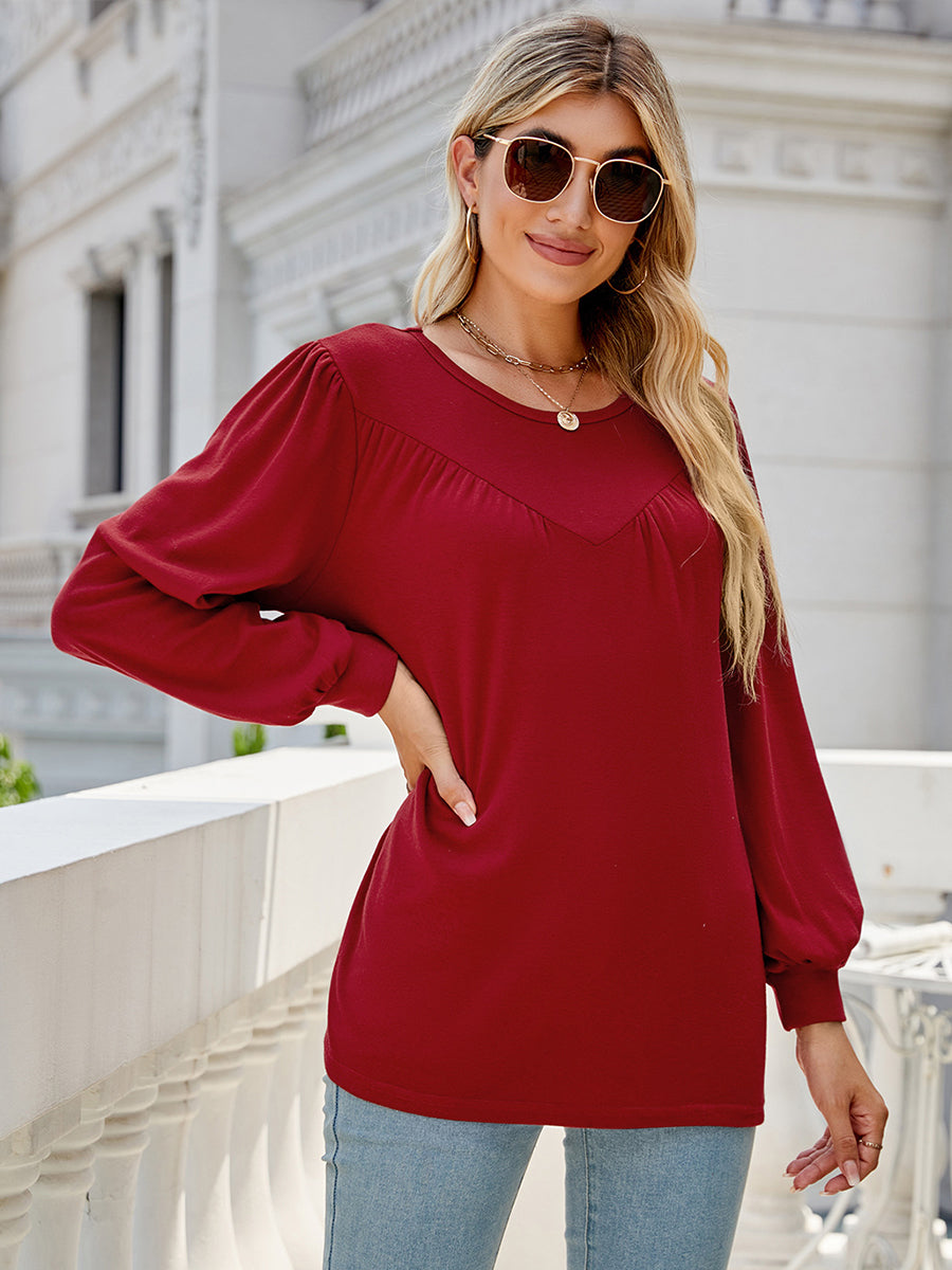 T-Shirts - Lantern Sleeve Round Neck Long Sleeve Casual T-Shirt - MsDressly