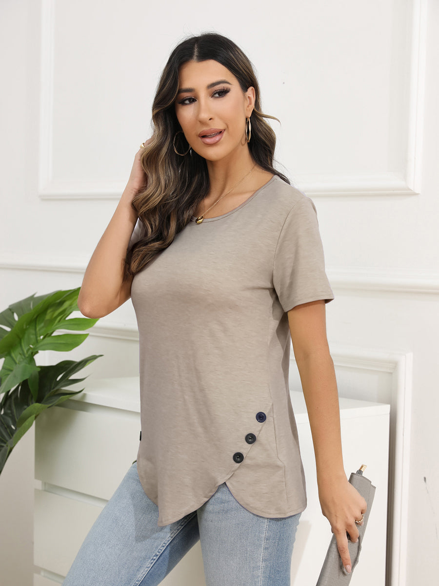 T-Shirts - Irregular Button Short Sleeve Round Neck T-Shirt - MsDressly