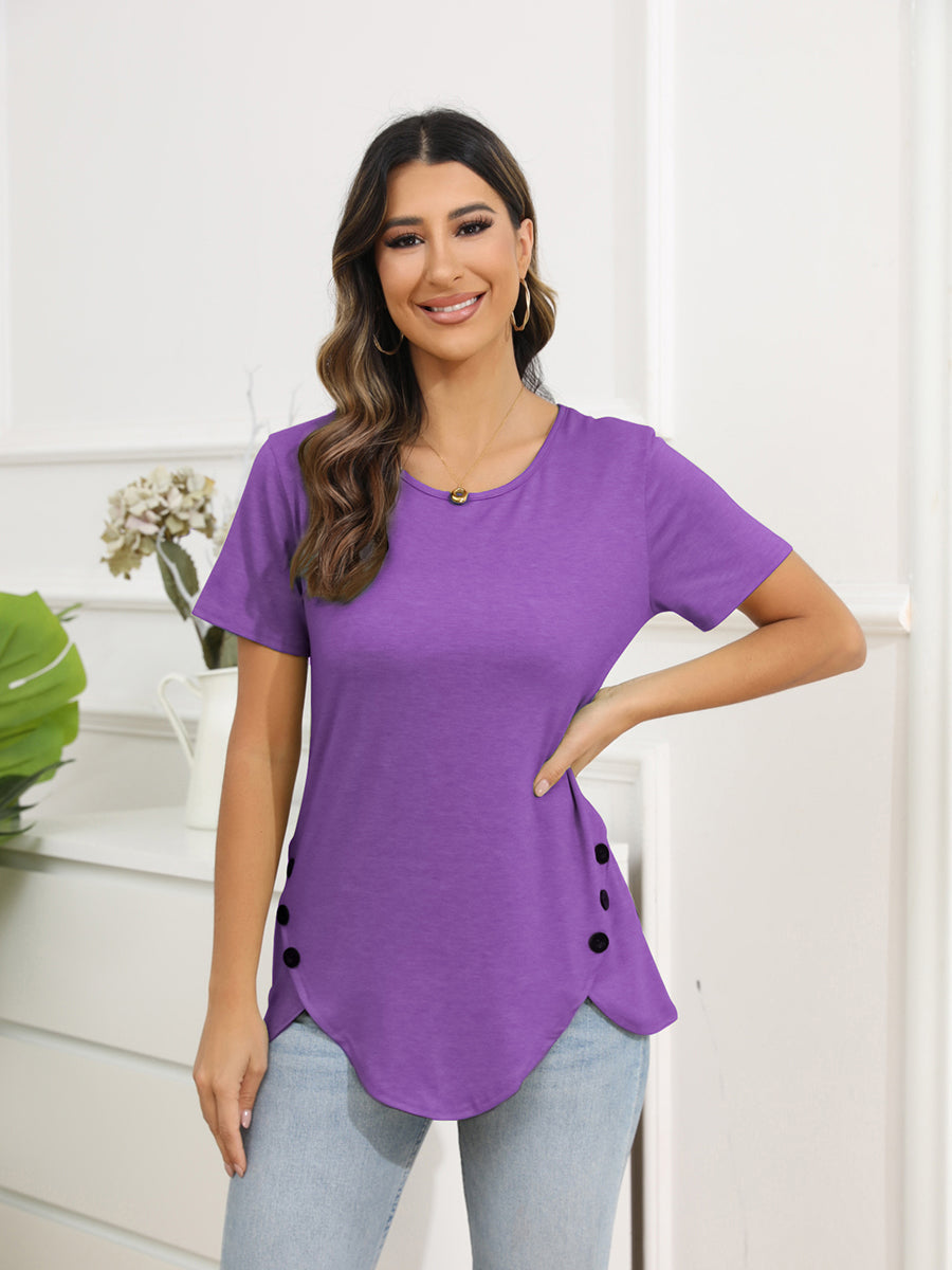 T-Shirts - Irregular Button Short Sleeve Round Neck T-Shirt - MsDressly