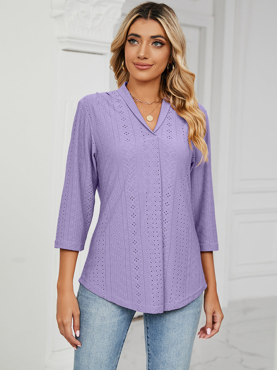 T-Shirts - V-Neck Pleated Casual Loose Medium Sleeve T-Shirt - MsDressly