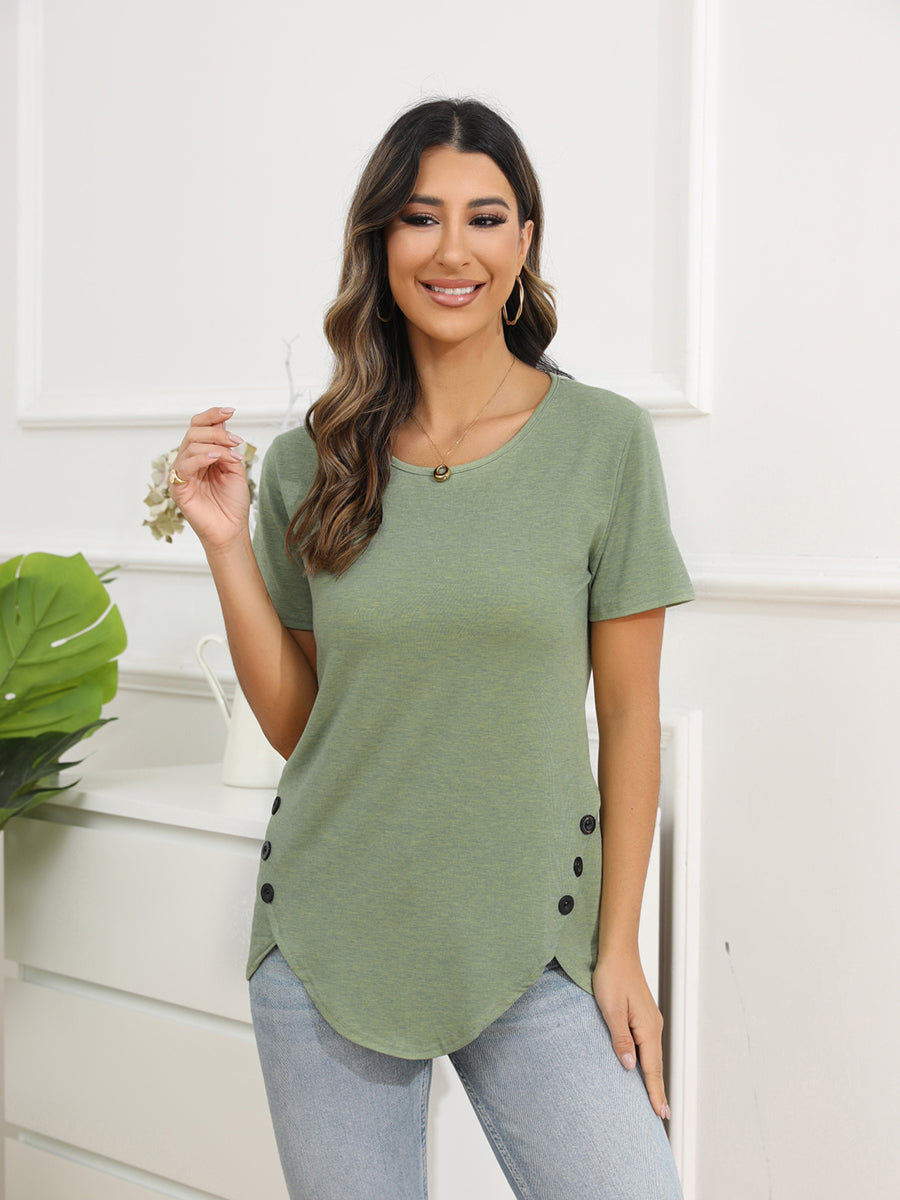 T-Shirts - Irregular Button Short Sleeve Round Neck T-Shirt - MsDressly