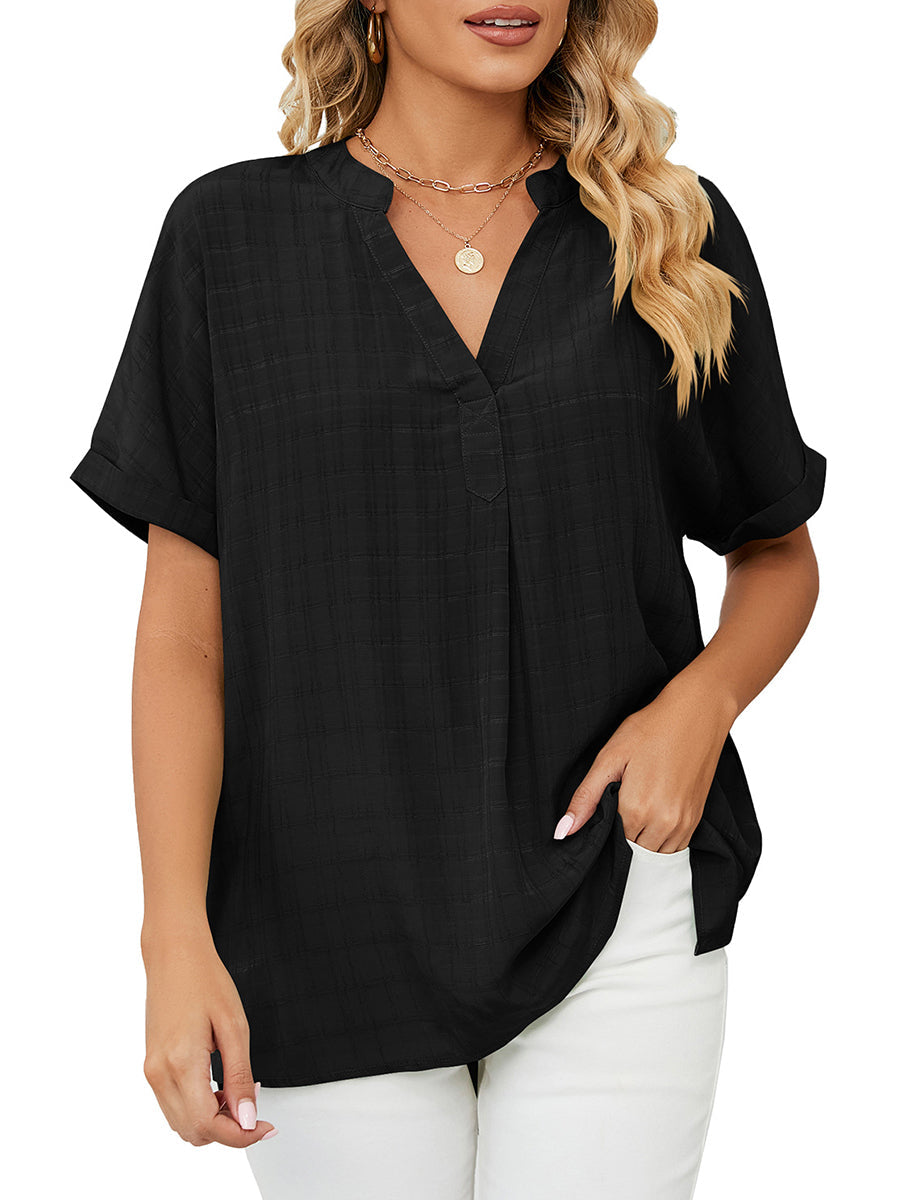 T-Shirts - Solid V-Neck Loose Short Sleeve T-Shirt - MsDressly