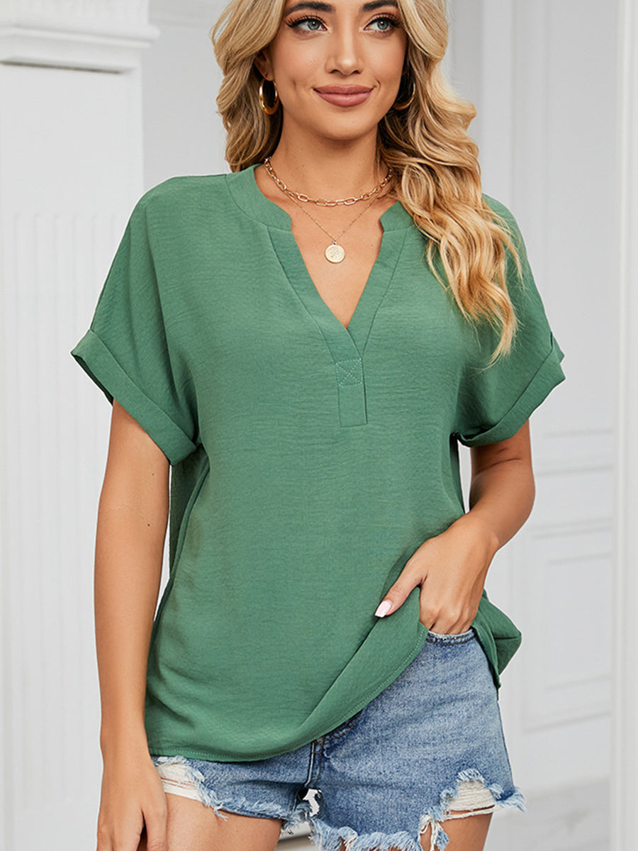 T-Shirts - Solid Color V-Neck Loose Short Sleeve Chiffon T-Shirt - MsDressly