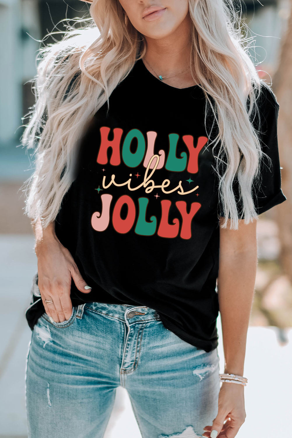 Black HOLLY JOLLY Vibes Christmas Crew Neck T Shirt