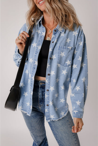 Sky Blue Star Print Light Wash Raw Hem Denim Jacket