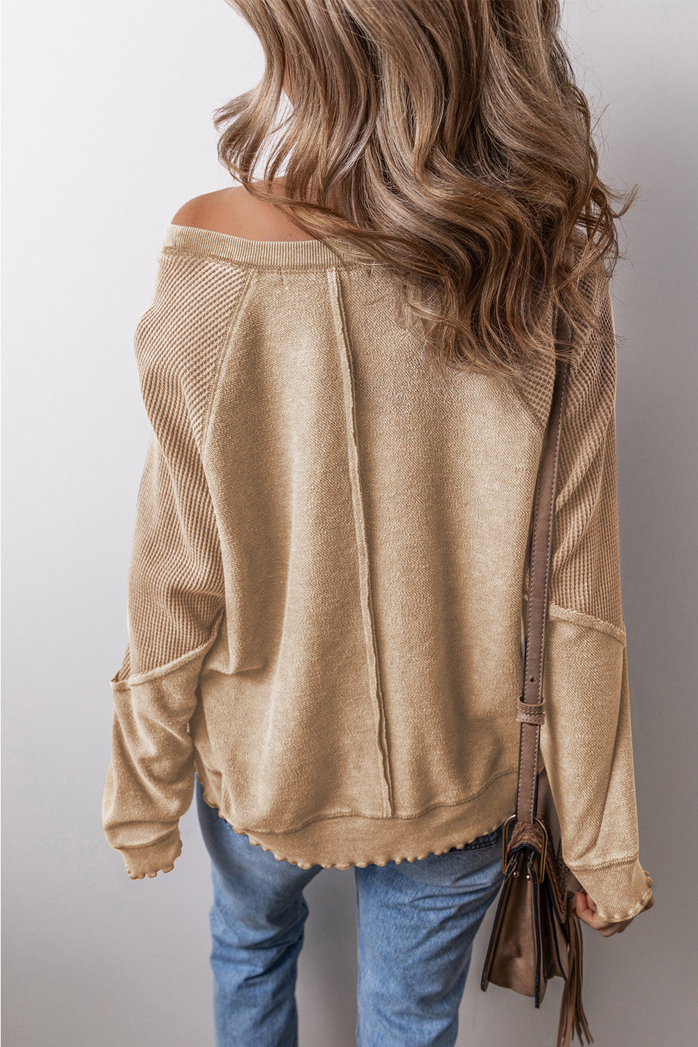 Light French Beige Waffle Knit Patchwork Exposed Seam Raglan Sweatshirt