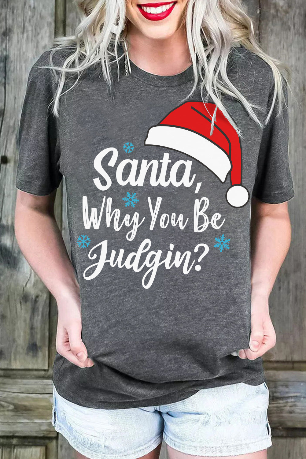 Gray Christmas Santa Hat Snowflake Slogan T-Shirts