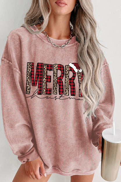 Pink MERRY Christmas Plaid Leopard Print Corded Sweatshirt