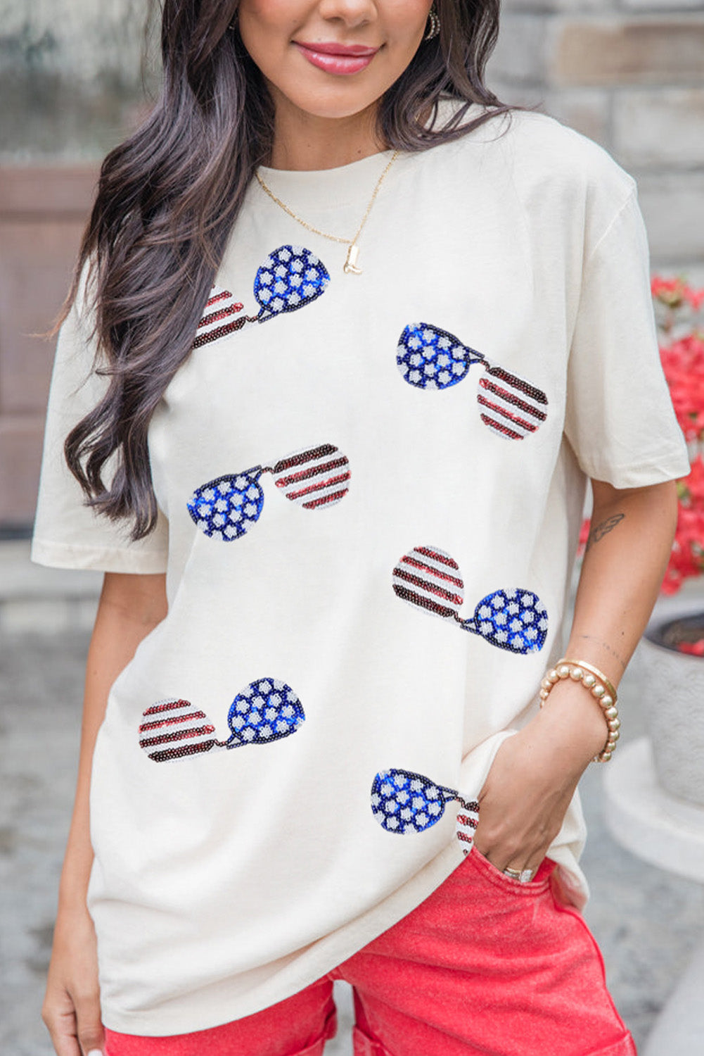 American Flag Sunglasses Sparkle Striped Tee